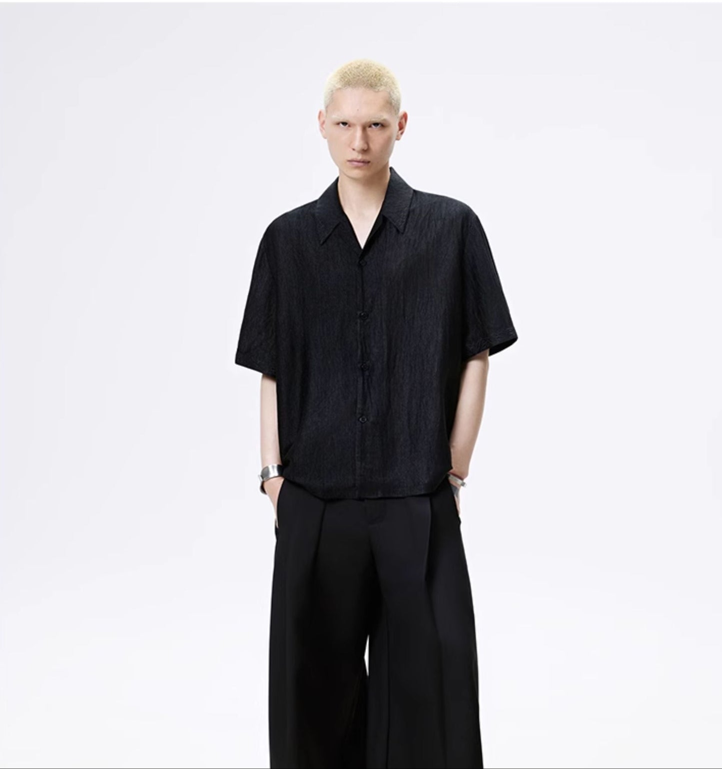 FRKM SCD Textured Black Pleated Drape Embroidered Loose Top - ISABEL.