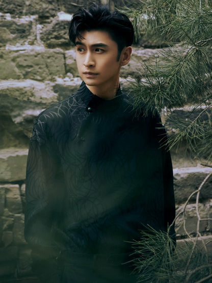 OWNLIFE bamboo hair jade placket slant lapel jacquard shirt - FINLEY.