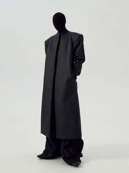 FRKM SCD Matte Coated Black Padded Shoulders Long Trench Coat - YASH.