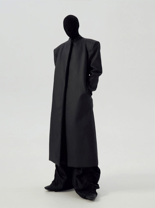 FRKM SCD Matte Coated Black Padded Shoulders Long Trench Coat - YASH.