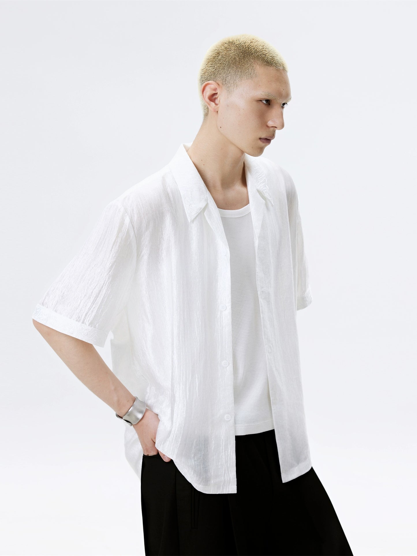 FRKM SCD Slightly Glossy Pleated Embroidered Short Sleeve Shirt - JENKINS.