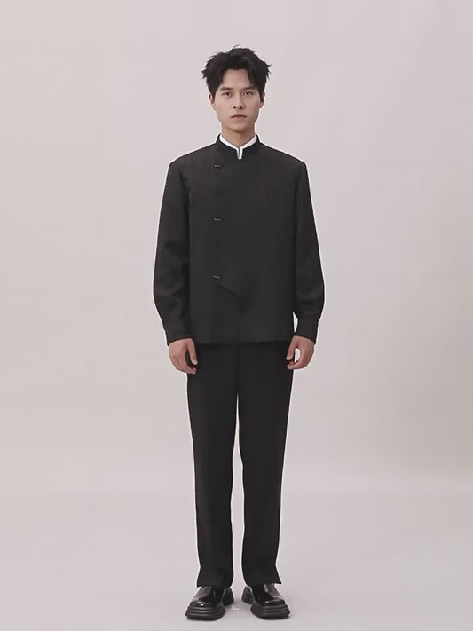 OWNLIFE stand-up collar willow leaf jacquard jacket suit set - DIDI.