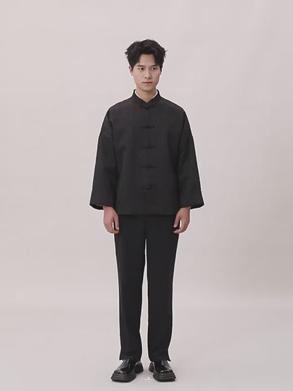 OWNLIFE  jacquard stand collar black coat - BARRY.