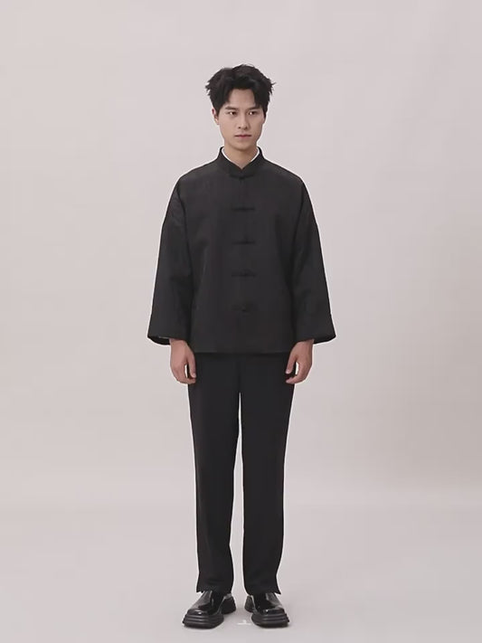 OWNLIFE  jacquard stand collar black coat - BARRY.